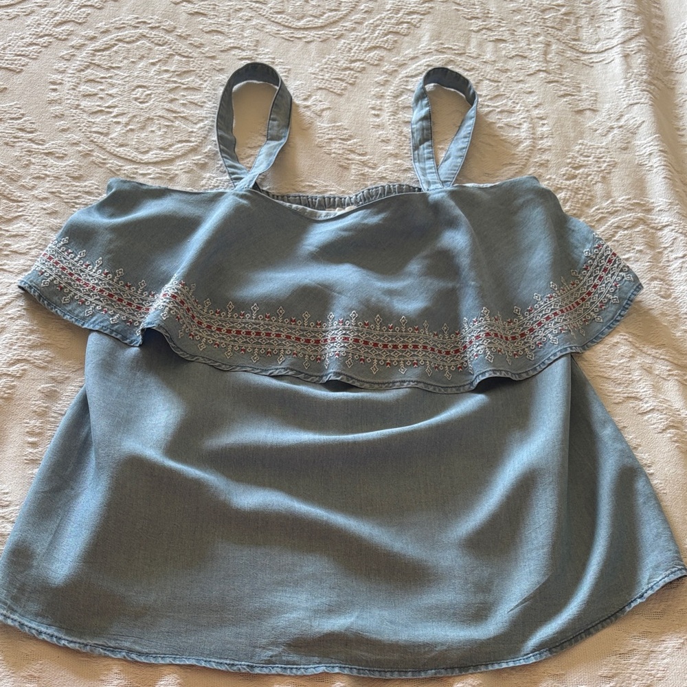 LED Luxe Essential Denim Embroidered Denim Maternity Top BNWT